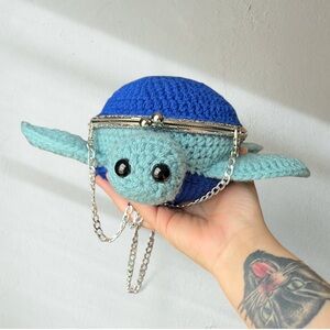 Handmade Crochet Blue Turtle Crossbody Purse